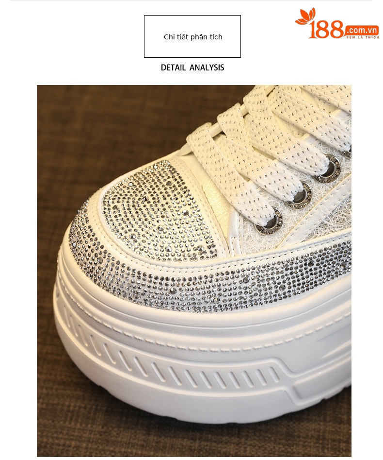 Giày sneaker nữ đế dày tăng chiều cao, phối đá rhinestone trắng, phong cách thể thao — màu trắng chi tiết 7