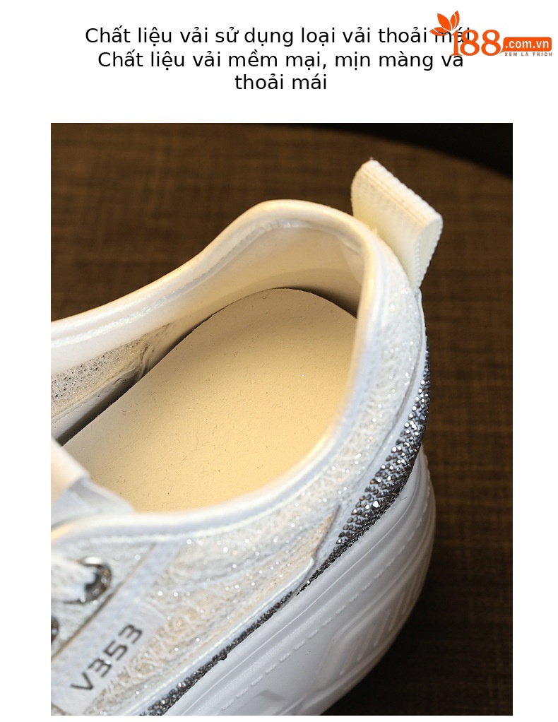 Giày sneaker nữ đế dày tăng chiều cao, phối đá rhinestone trắng, phong cách thể thao — màu trắng chi tiết 8