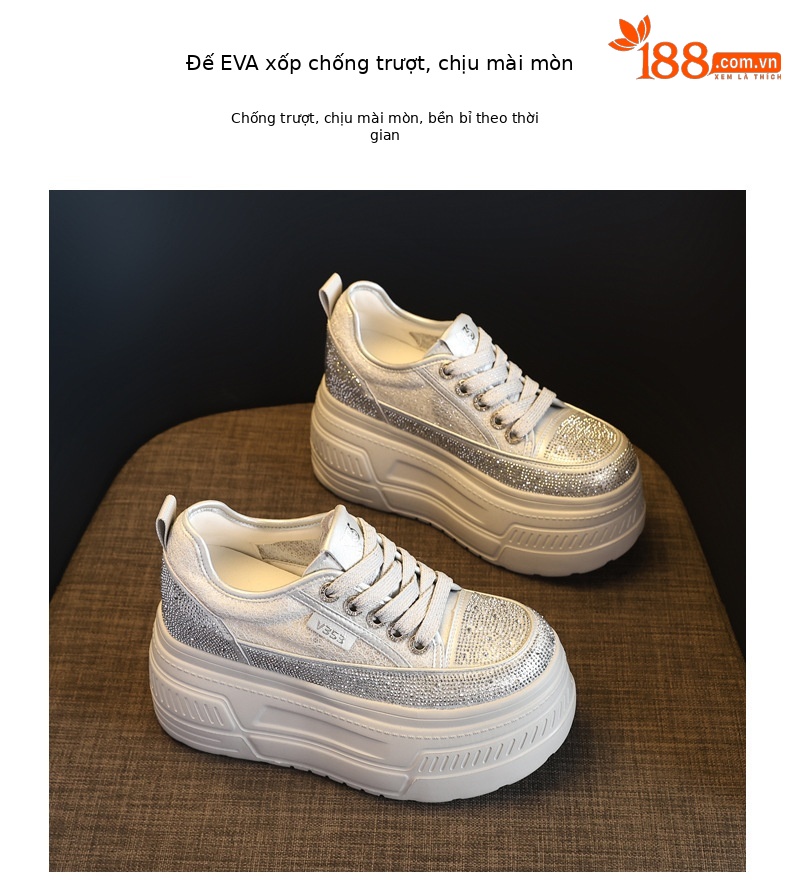 Giày sneaker nữ đế dày tăng chiều cao, phối đá rhinestone trắng, phong cách thể thao — màu trắng chi tiết 10