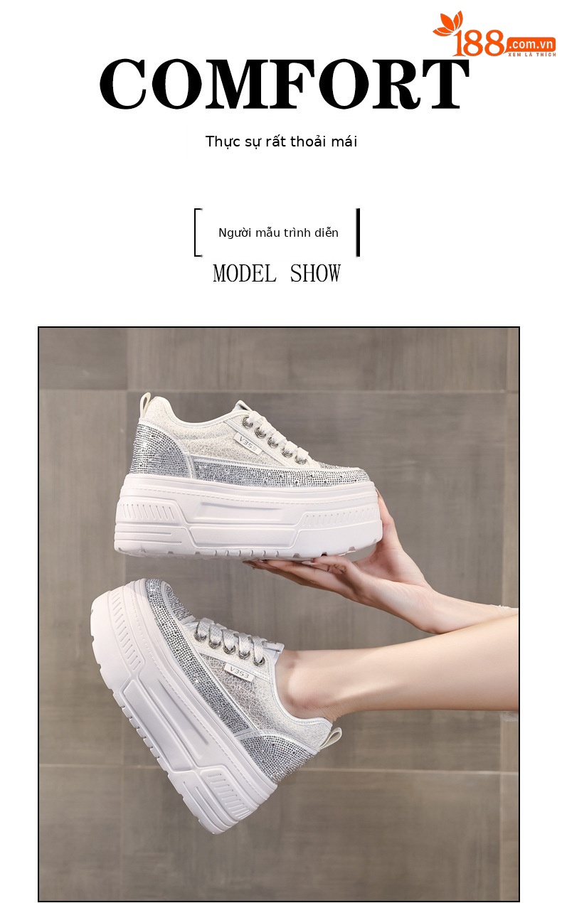 Giày sneaker nữ đế dày tăng chiều cao, phối đá rhinestone trắng, phong cách thể thao — màu trắng chi tiết 11