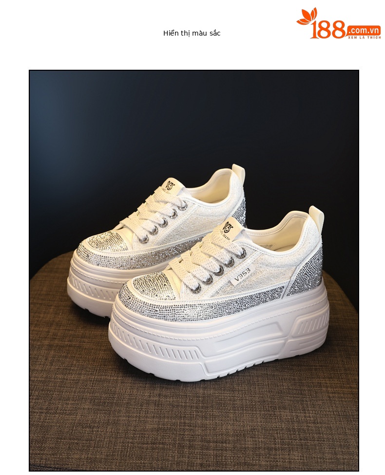Giày sneaker nữ đế dày tăng chiều cao, phối đá rhinestone trắng, phong cách thể thao — màu trắng chi tiết 18