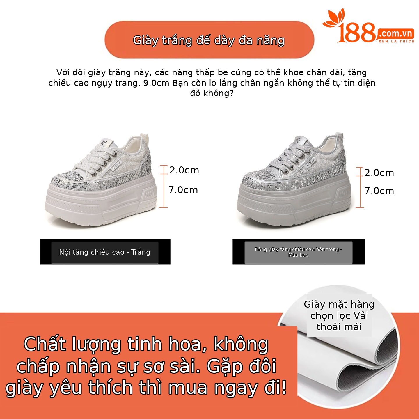 Giày sneaker nữ đế dày tăng chiều cao, phối đá rhinestone trắng, phong cách thể thao — màu trắng
