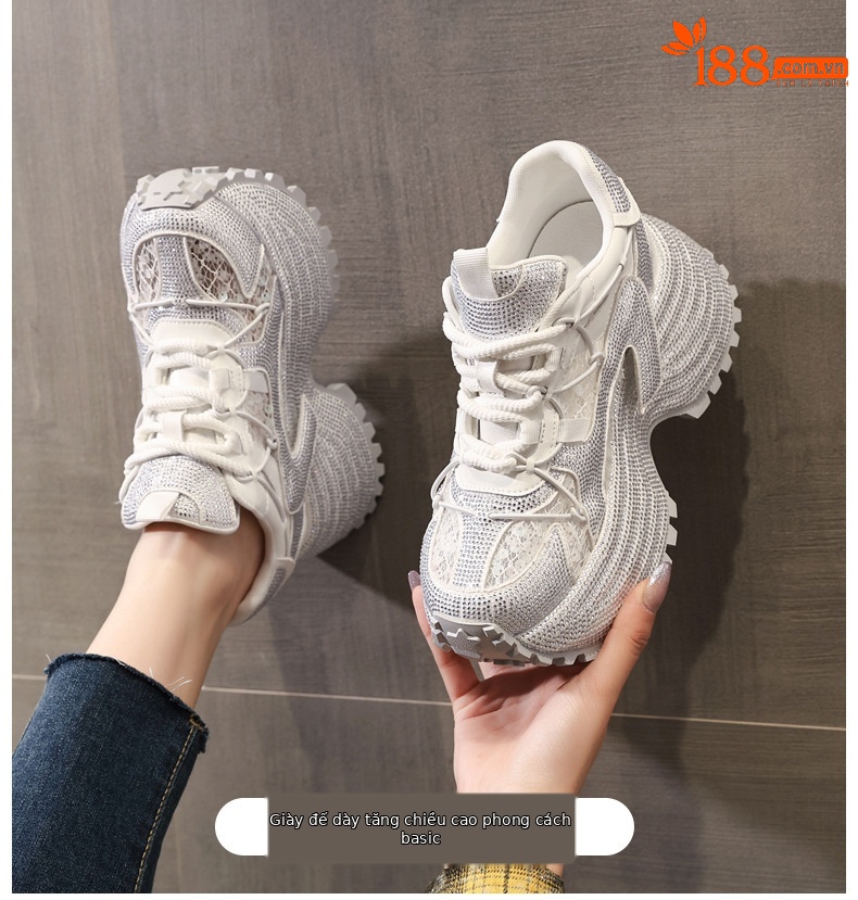 Giày sneaker nữ đế dày tăng chiều cao đính đá lưới thoáng mát — màu đen chi tiết 1