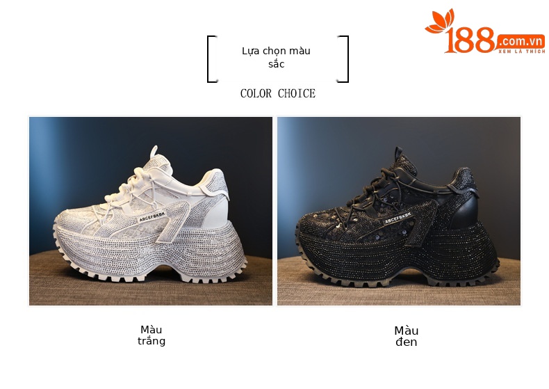 Giày sneaker nữ đế dày tăng chiều cao đính đá lưới thoáng mát — màu đen chi tiết 2