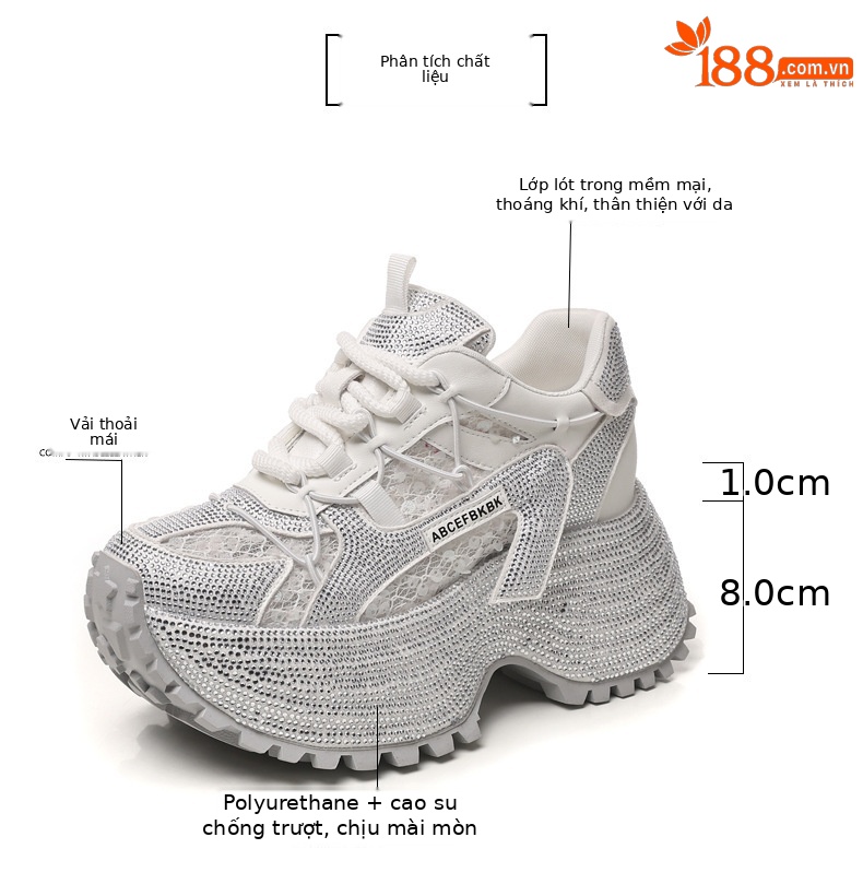 Giày sneaker nữ đế dày tăng chiều cao đính đá lưới thoáng mát — màu đen chi tiết 3