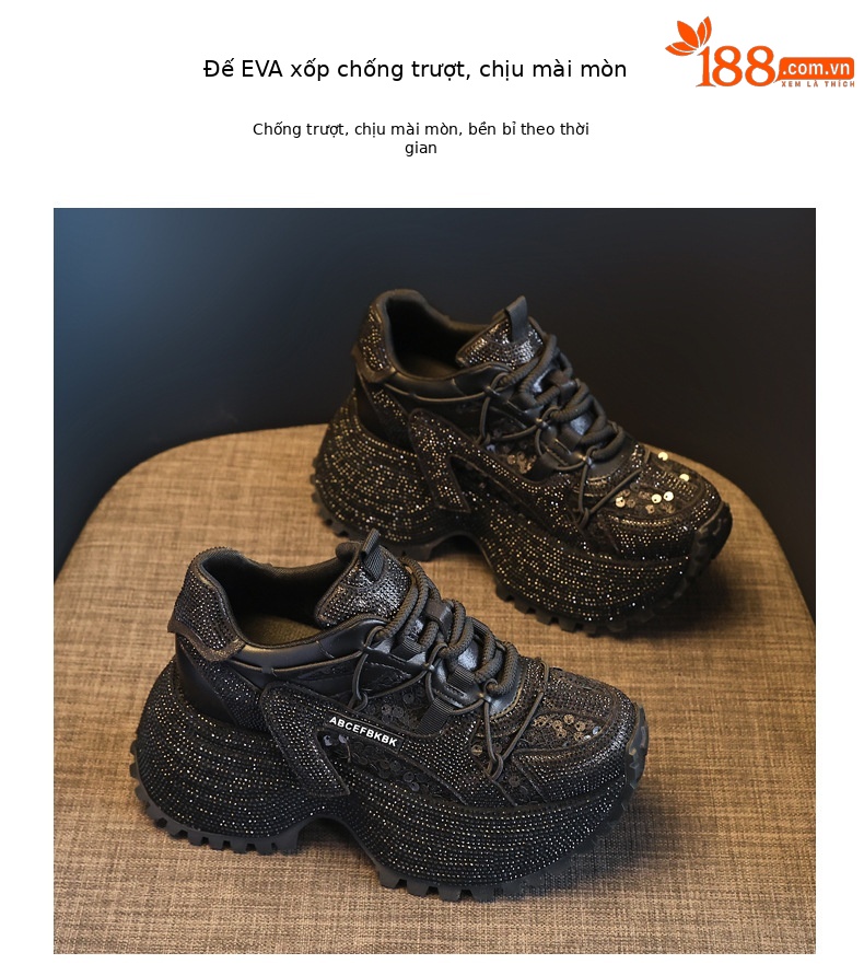Giày sneaker nữ đế dày tăng chiều cao đính đá lưới thoáng mát — màu đen chi tiết 10