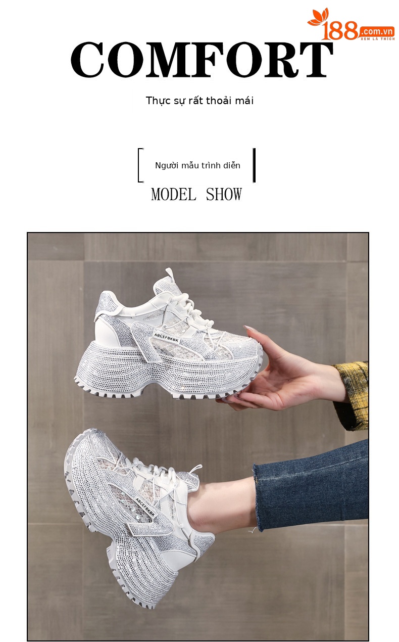 Giày sneaker nữ đế dày tăng chiều cao đính đá lưới thoáng mát — màu đen chi tiết 11