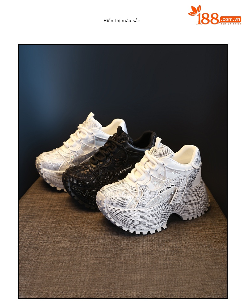 Giày sneaker nữ đế dày tăng chiều cao đính đá lưới thoáng mát — màu đen chi tiết 18