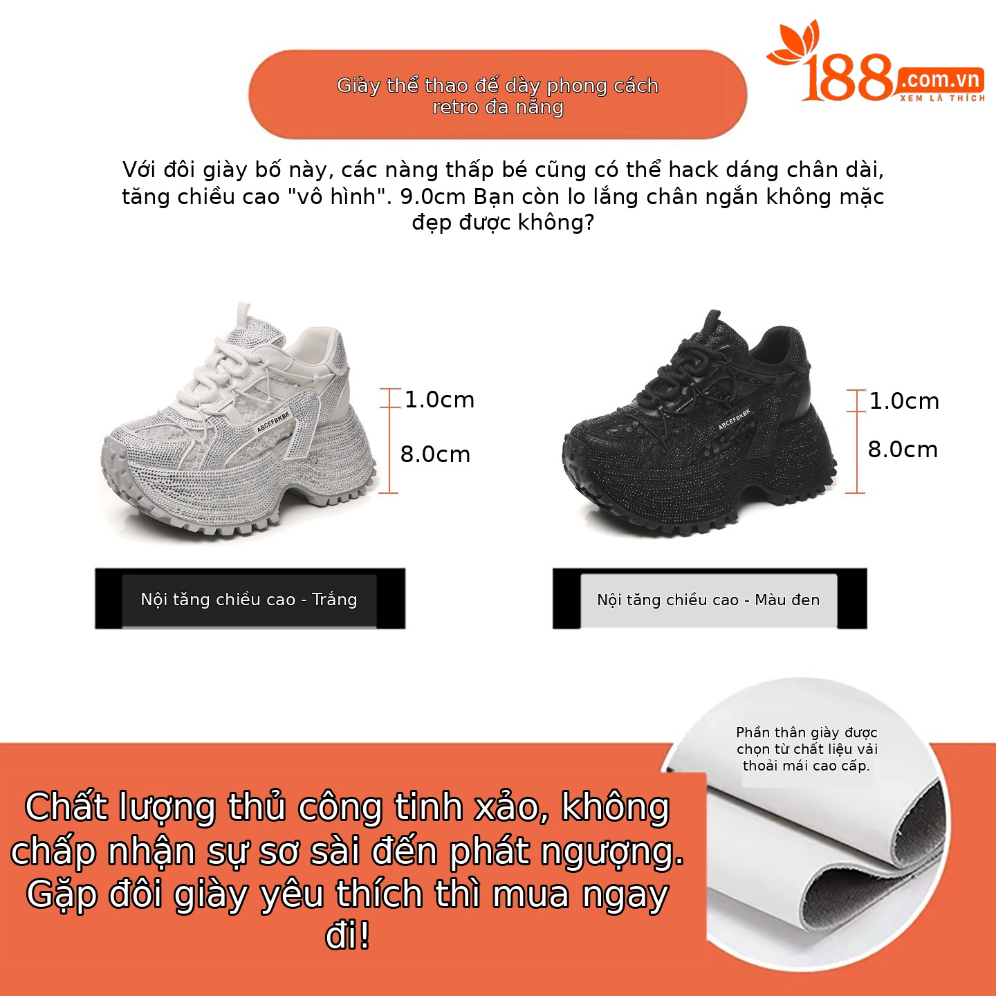 Giày sneaker nữ đế dày tăng chiều cao đính đá lưới thoáng mát — màu đen