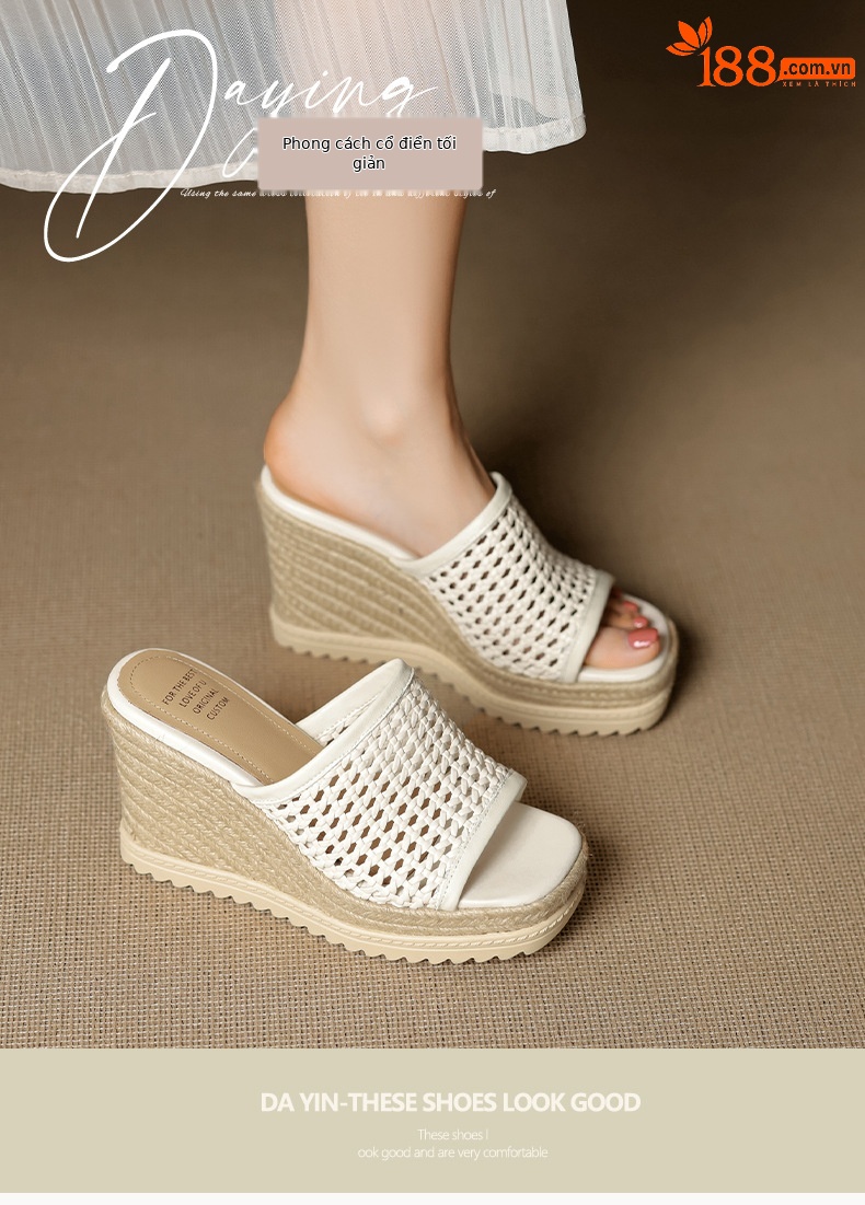 Sandal cao gót nữ mũi vuông đế rơm gót 10 cm — màu đen, màu trắng chi tiết 1