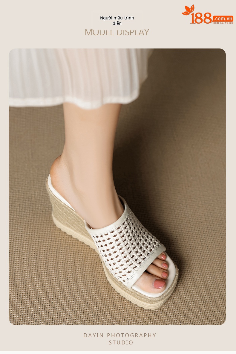 Sandal cao gót nữ mũi vuông đế rơm gót 10 cm — màu đen, màu trắng chi tiết 4