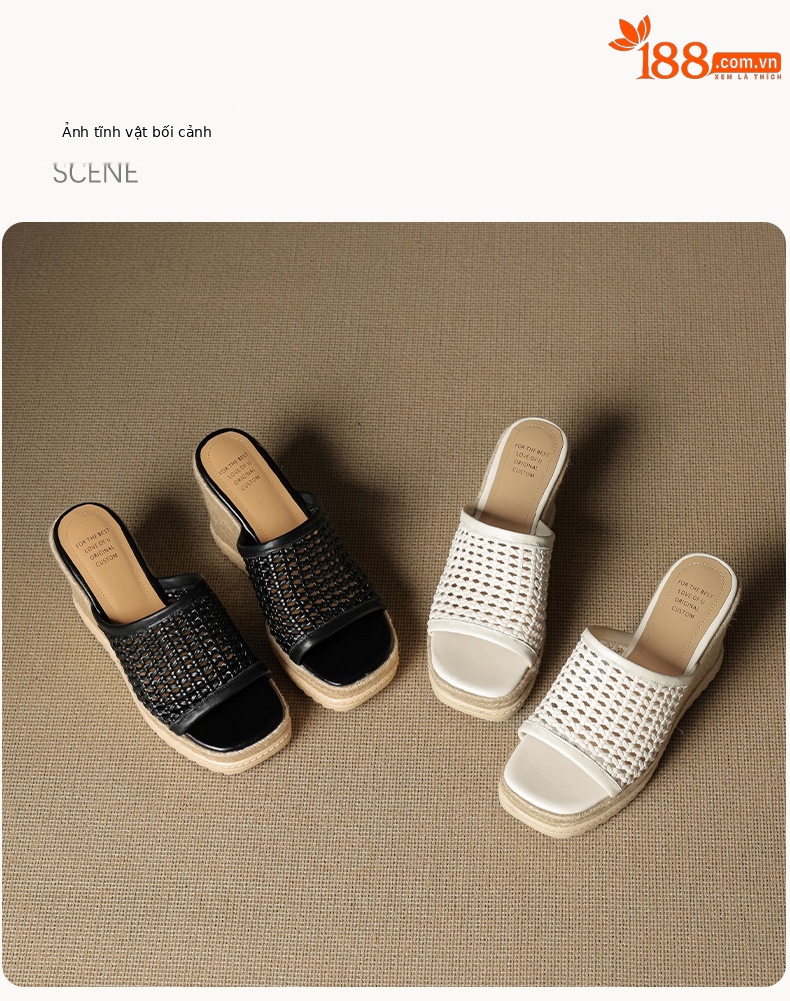 Sandal cao gót nữ mũi vuông đế rơm gót 10 cm — màu đen, màu trắng chi tiết 20