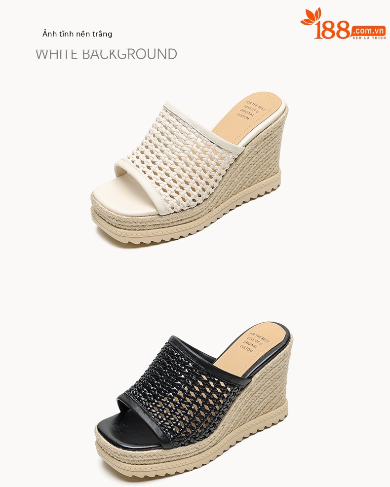 Sandal cao gót nữ mũi vuông đế rơm gót 10 cm — màu đen, màu trắng chi tiết 23
