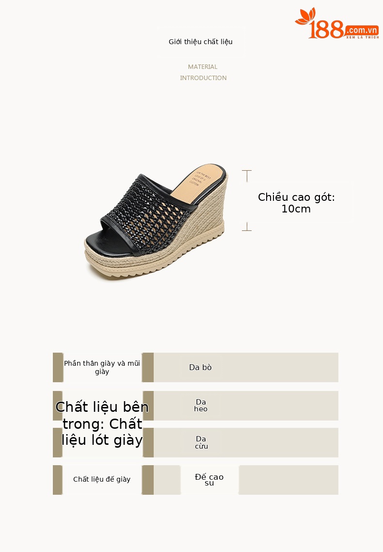 Sandal cao gót nữ mũi vuông đế rơm gót 10 cm — màu đen, màu trắng chi tiết 2