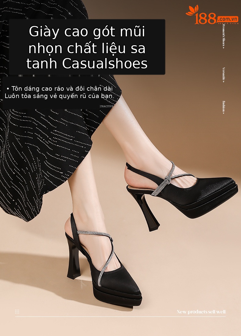 Sandal cao gót nữ mũi nhọn quai ngang đế platform gót 11 cm — Đen - 11cm chi tiết 1
