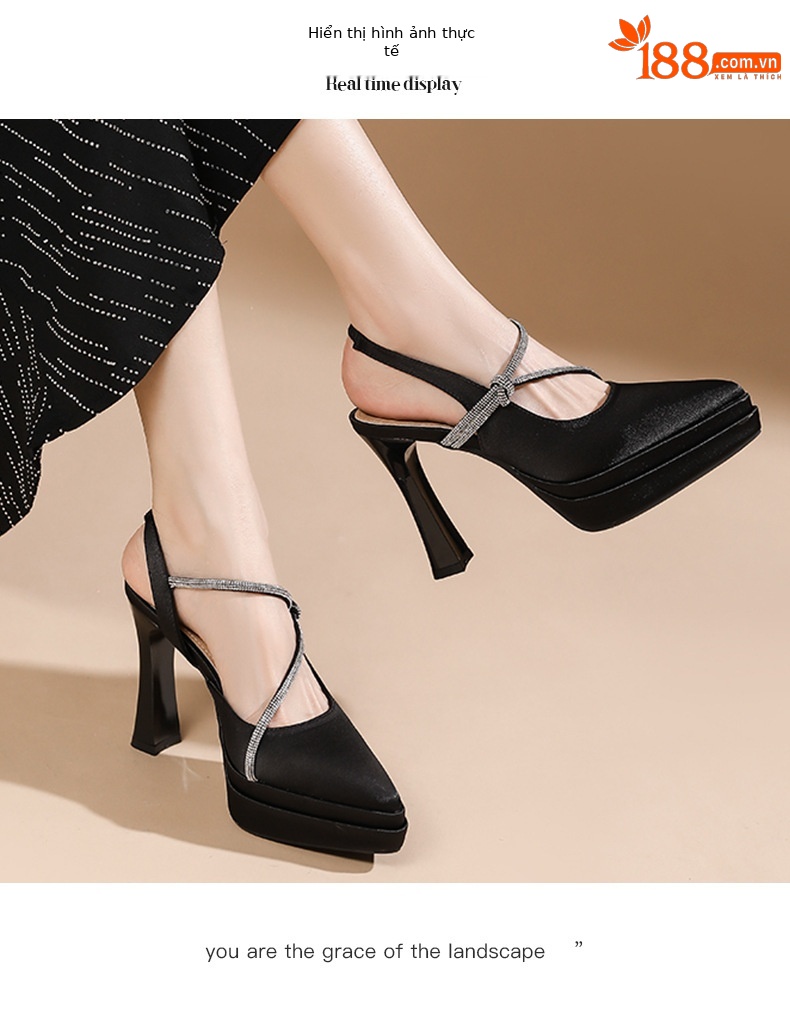 Sandal cao gót nữ mũi nhọn quai ngang đế platform gót 11 cm — Đen - 11cm chi tiết 5