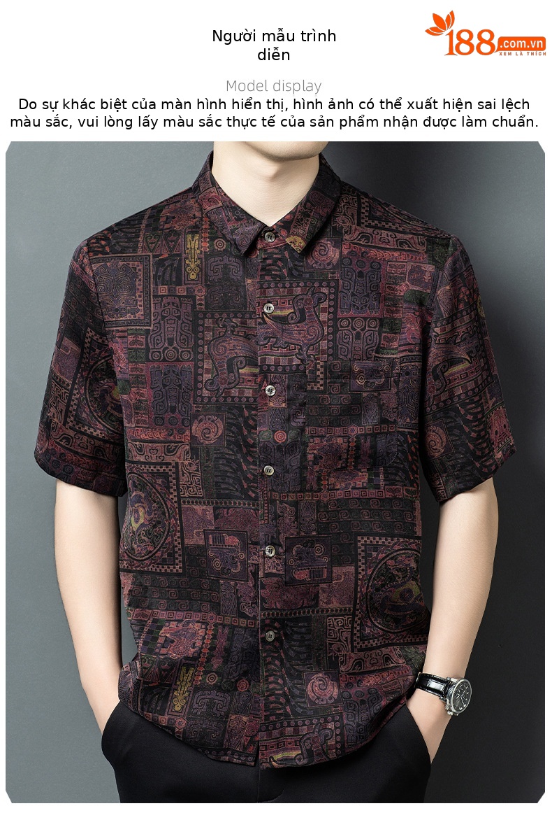 Áo sơ mi ngắn tay nam mulberry silk dáng rộng mùa hè — Da đen H187006 chi tiết 8