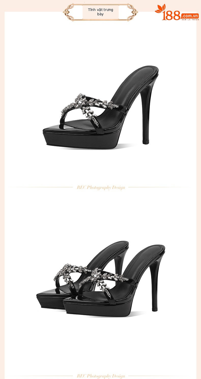 Sandal cao gót nữ mũi nhọn hở ngón đính đá rhinestone, gót 10 cm, đế platform — Màu nude 10cm chi tiết 11