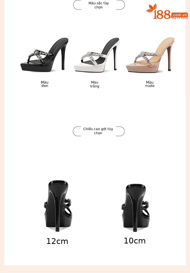 Sandal cao gót nữ mũi nhọn hở ngón đính đá rhinestone, gót 10 cm, đế platform — Màu nude 10cm chi tiết 2