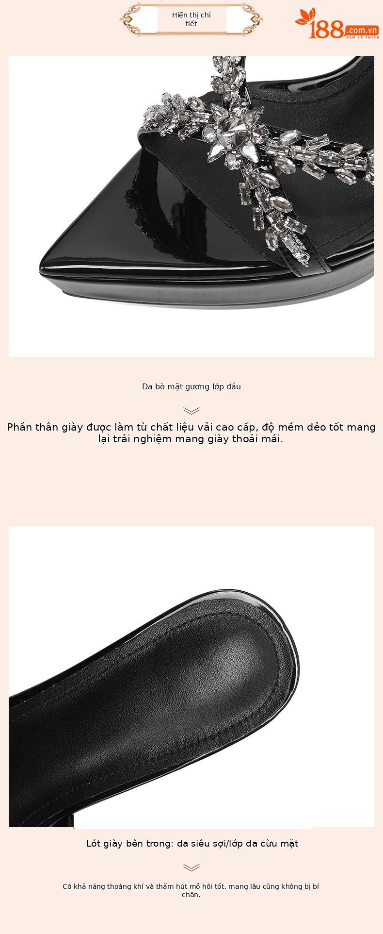 Sandal cao gót nữ mũi nhọn hở ngón đính đá rhinestone, gót 10 cm, đế platform — Màu nude 10cm chi tiết 3