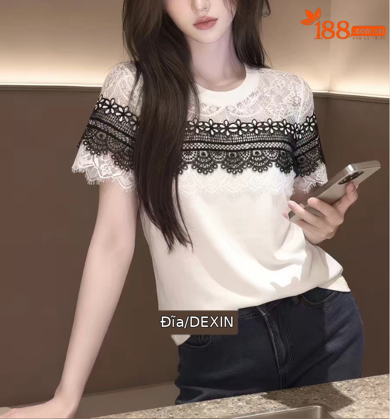 Áo thun nữ tay ngắn ren phối cổ tròn trắng thiết kế cao cấp — màu trắng chi tiết 1