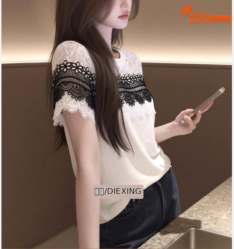 Áo thun nữ tay ngắn ren phối cổ tròn trắng thiết kế cao cấp — màu trắng chi tiết 3