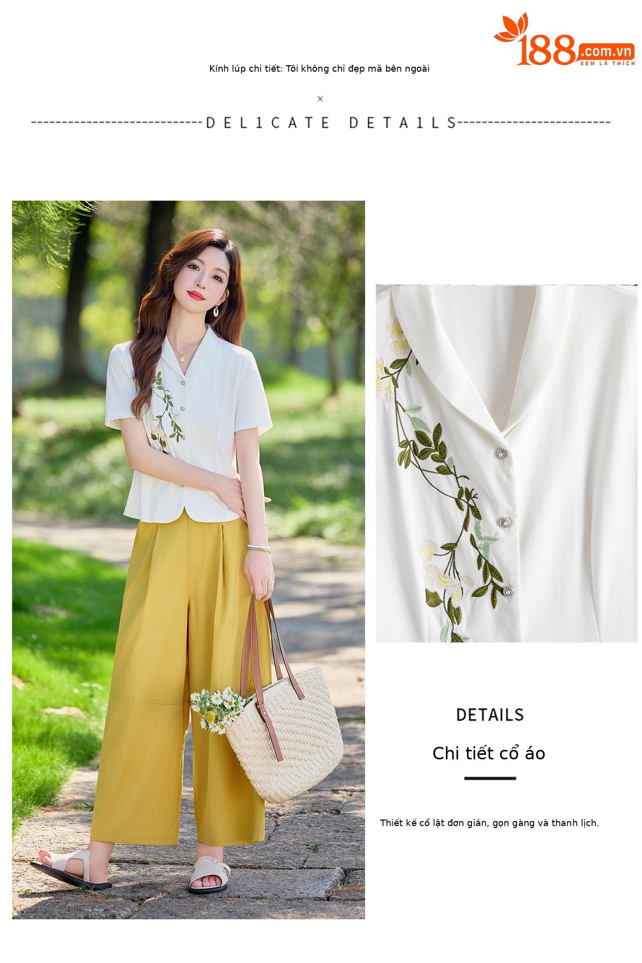 Bộ hai mảnh áo sơ mi thêu hoa kết hợp chân váy cạp cao tay bồng — Màu ảnh chi tiết 4
