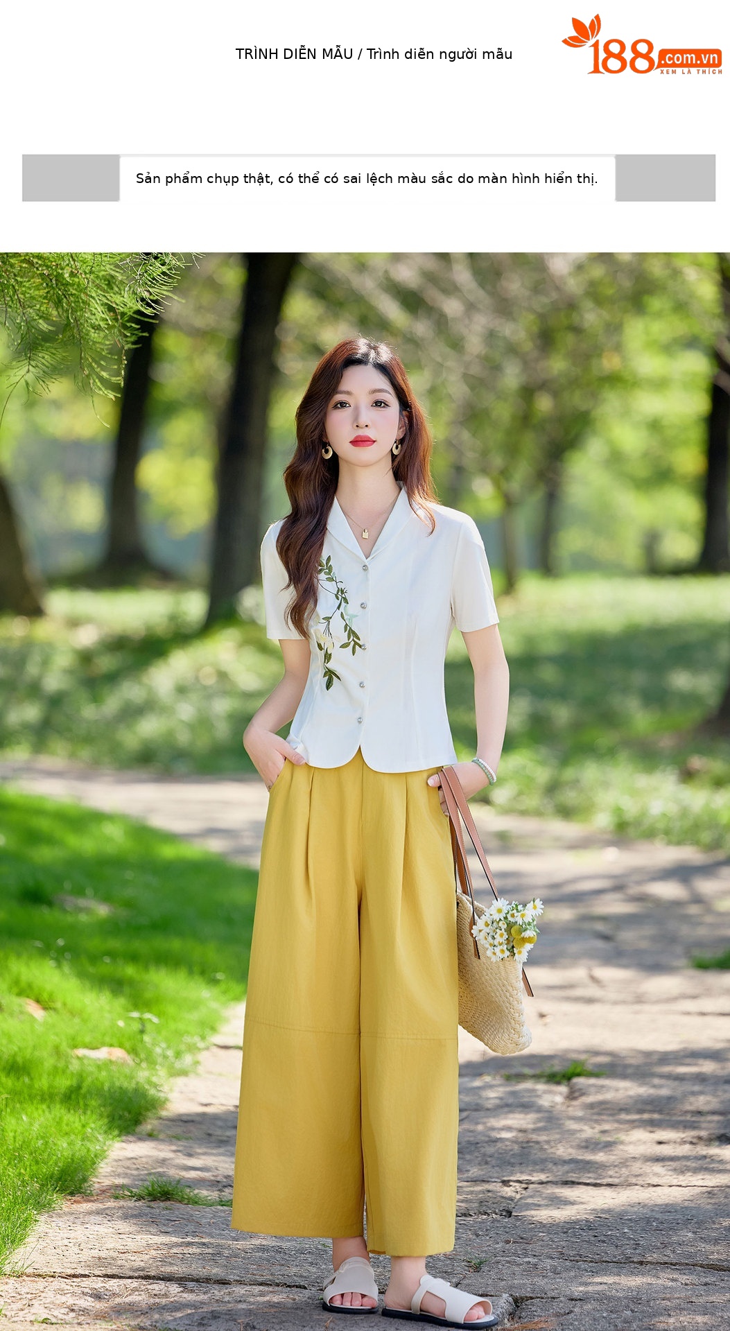 Bộ hai mảnh áo sơ mi thêu hoa kết hợp chân váy cạp cao tay bồng — Màu ảnh chi tiết 9