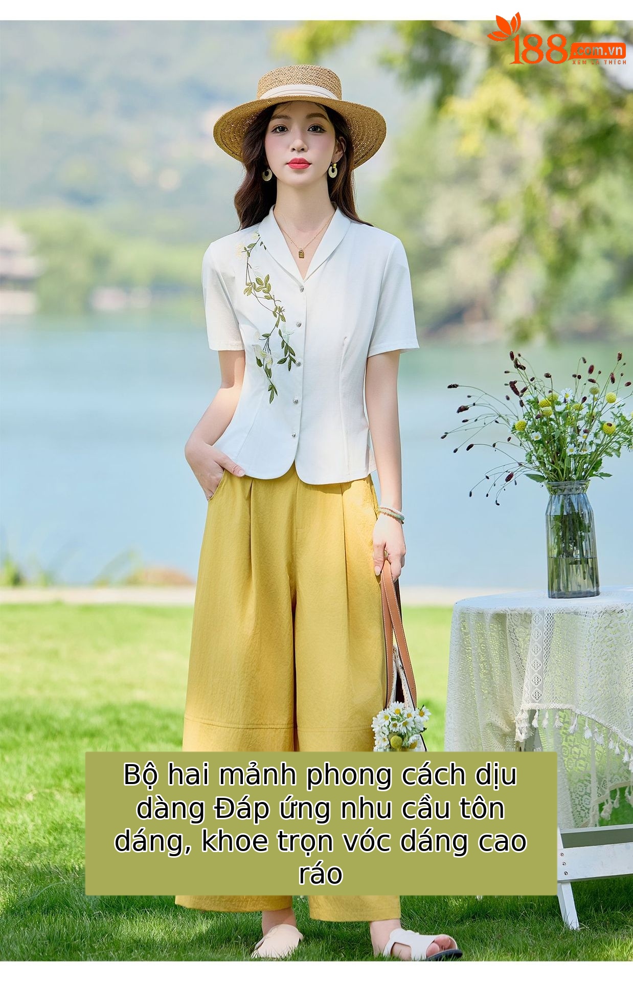 Bộ hai mảnh áo sơ mi thêu hoa kết hợp chân váy cạp cao tay bồng — Màu ảnh chi tiết 22