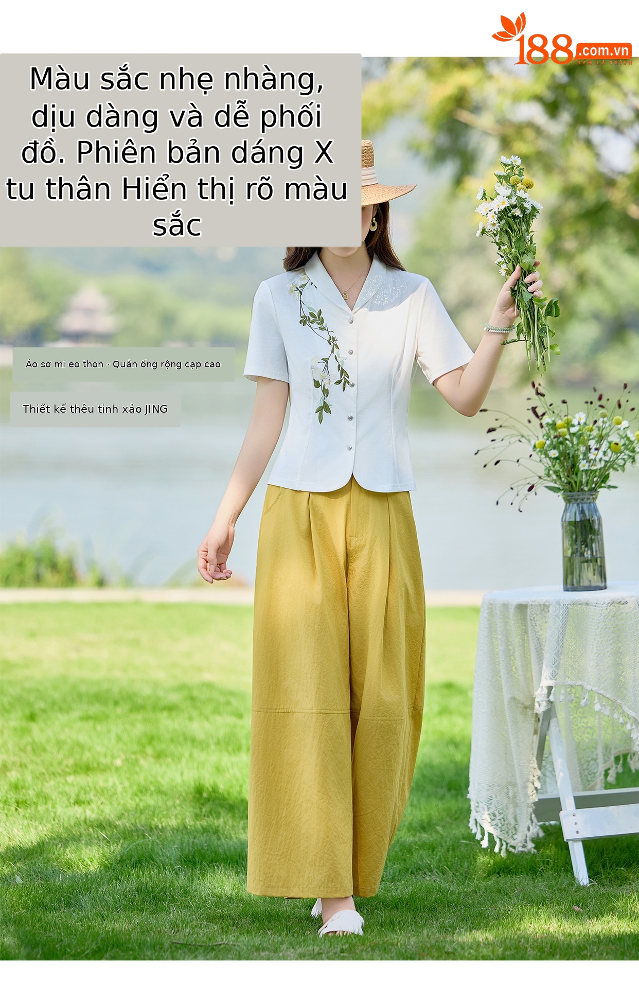 Bộ hai mảnh áo sơ mi thêu hoa kết hợp chân váy cạp cao tay bồng — Màu ảnh chi tiết 7