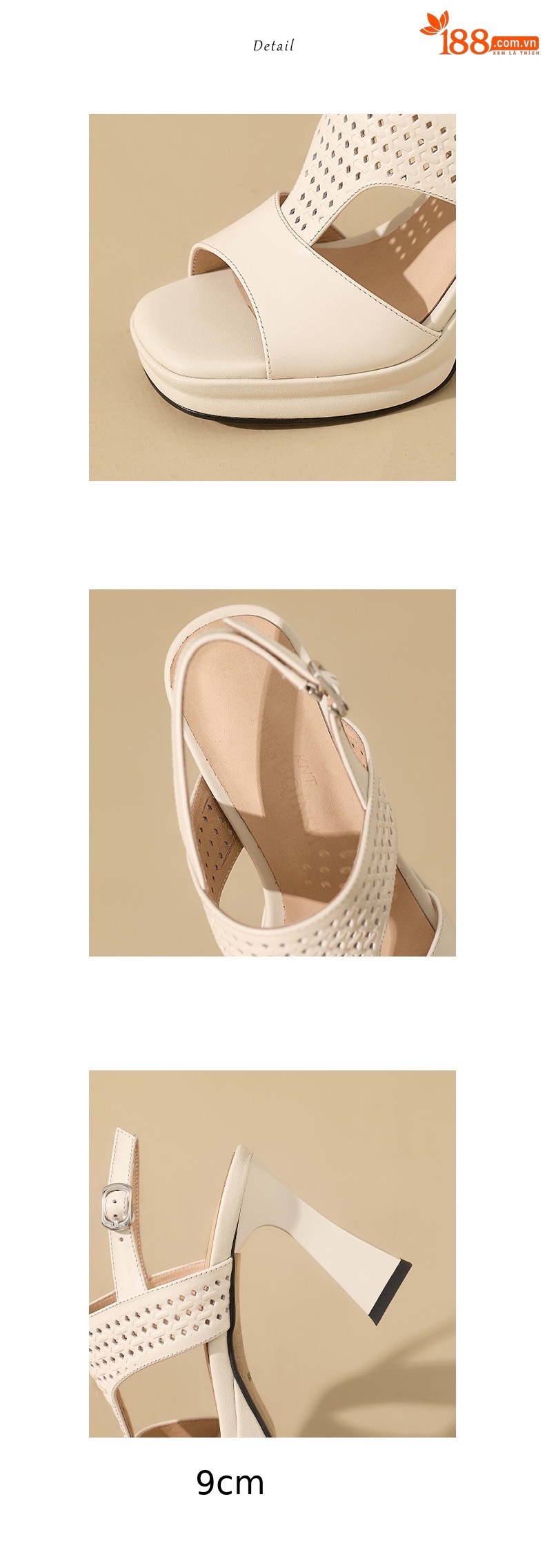 Sandal cao gót nữ hở mũi quai ngang khóa gót 9 cm — màu trắng ngà chi tiết 3