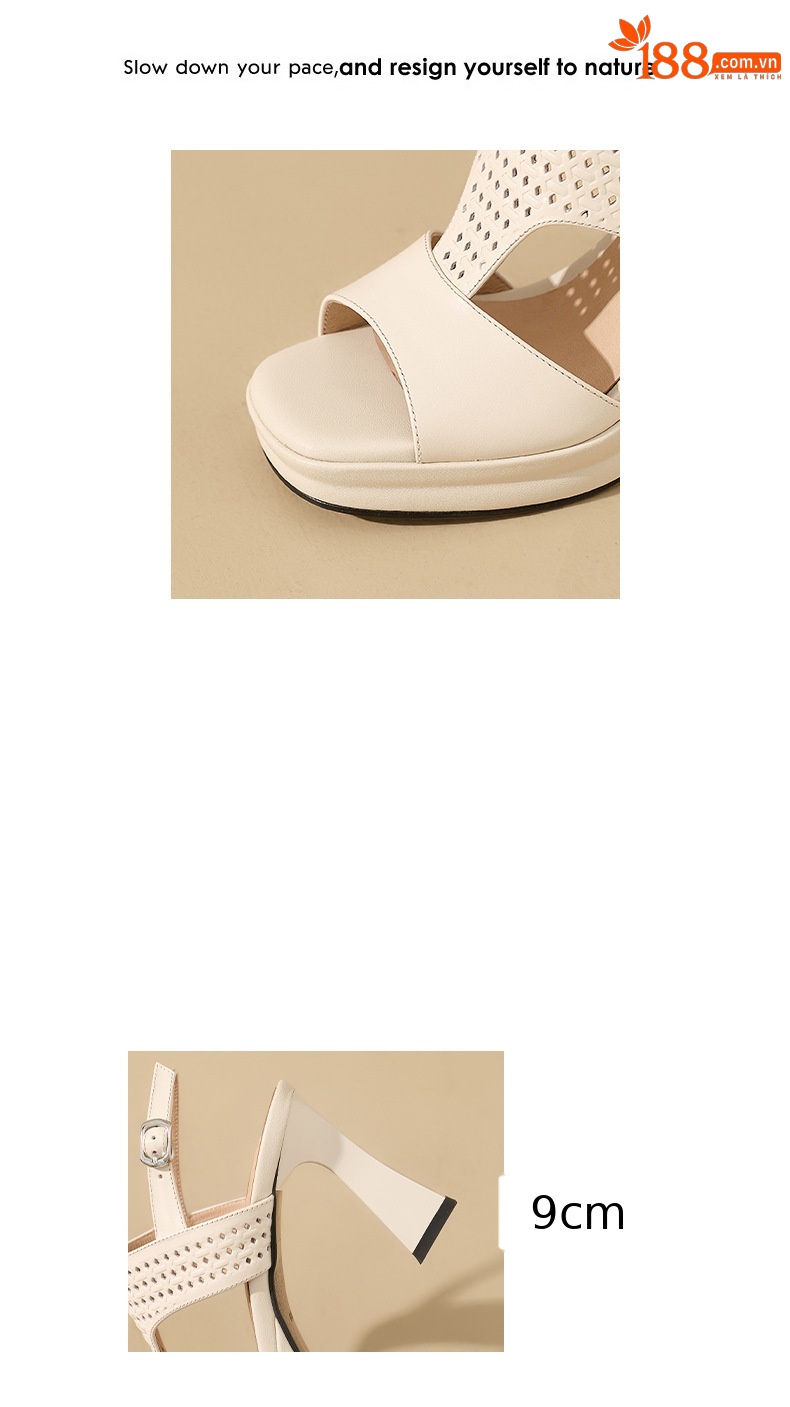 Sandal cao gót nữ hở mũi quai ngang khóa gót 9 cm — màu trắng ngà chi tiết 2
