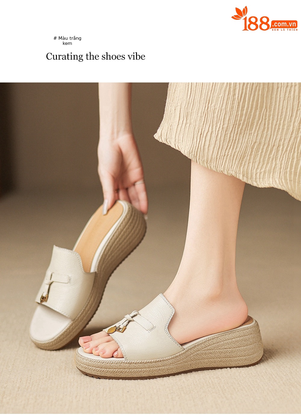 Dép sandal nữ xỏ ngón đế bệt da dê đế dày mùa hè — màu trắng ngà chi tiết 13