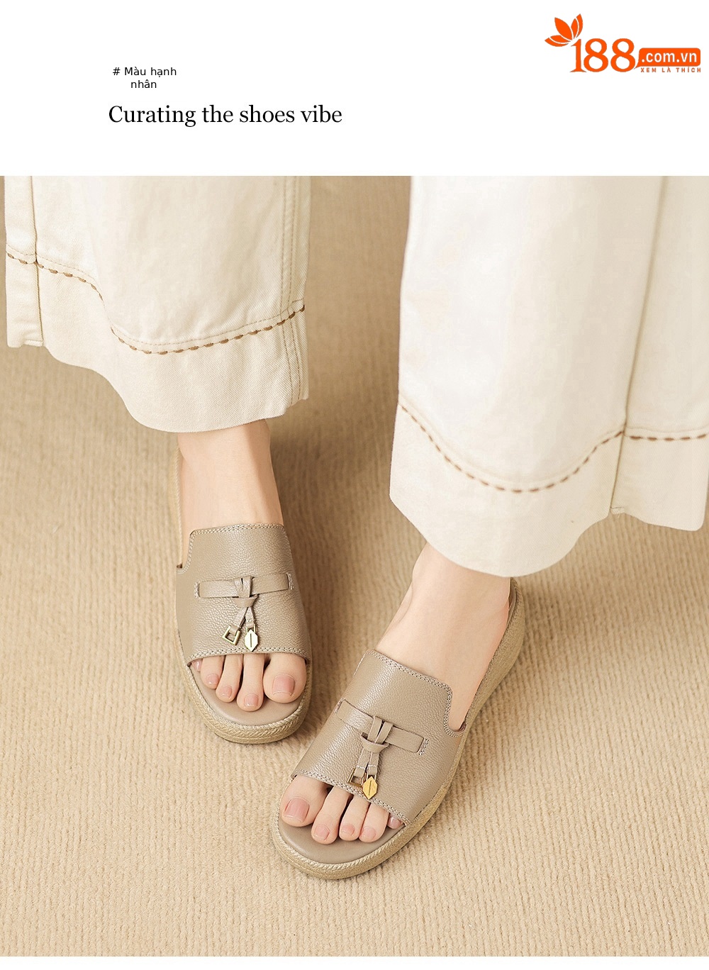 Dép sandal nữ xỏ ngón đế bệt da dê đế dày mùa hè — màu trắng ngà chi tiết 20