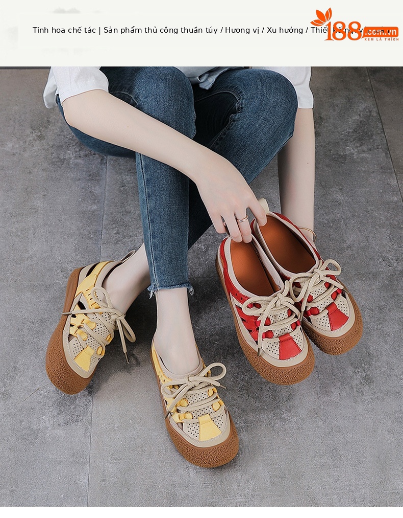 Sandal nữ da bò thật đục lỗ phong cách cổ điển buộc dây — màu vàng chi tiết 1