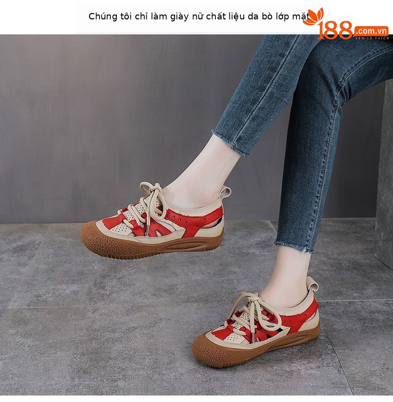 Sandal nữ da bò thật đục lỗ phong cách cổ điển buộc dây — màu vàng chi tiết 2