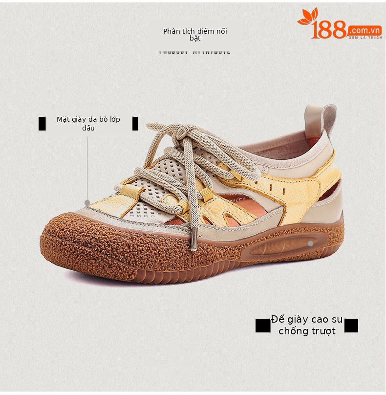Sandal nữ da bò thật đục lỗ phong cách cổ điển buộc dây — màu vàng chi tiết 3