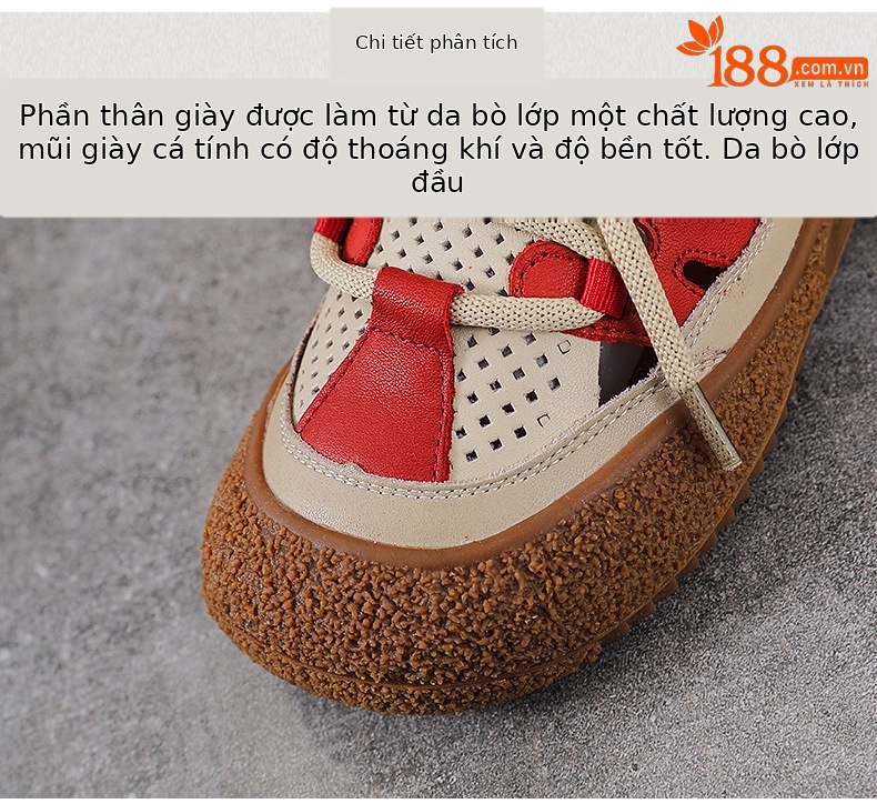 Sandal nữ da bò thật đục lỗ phong cách cổ điển buộc dây — màu vàng chi tiết 4