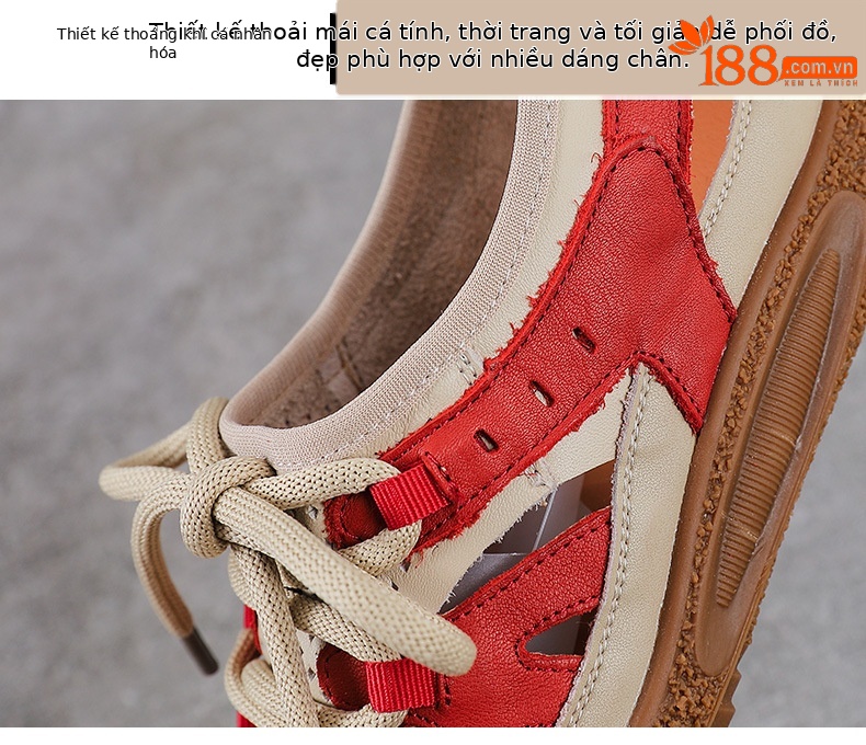 Sandal nữ da bò thật đục lỗ phong cách cổ điển buộc dây — màu vàng chi tiết 5