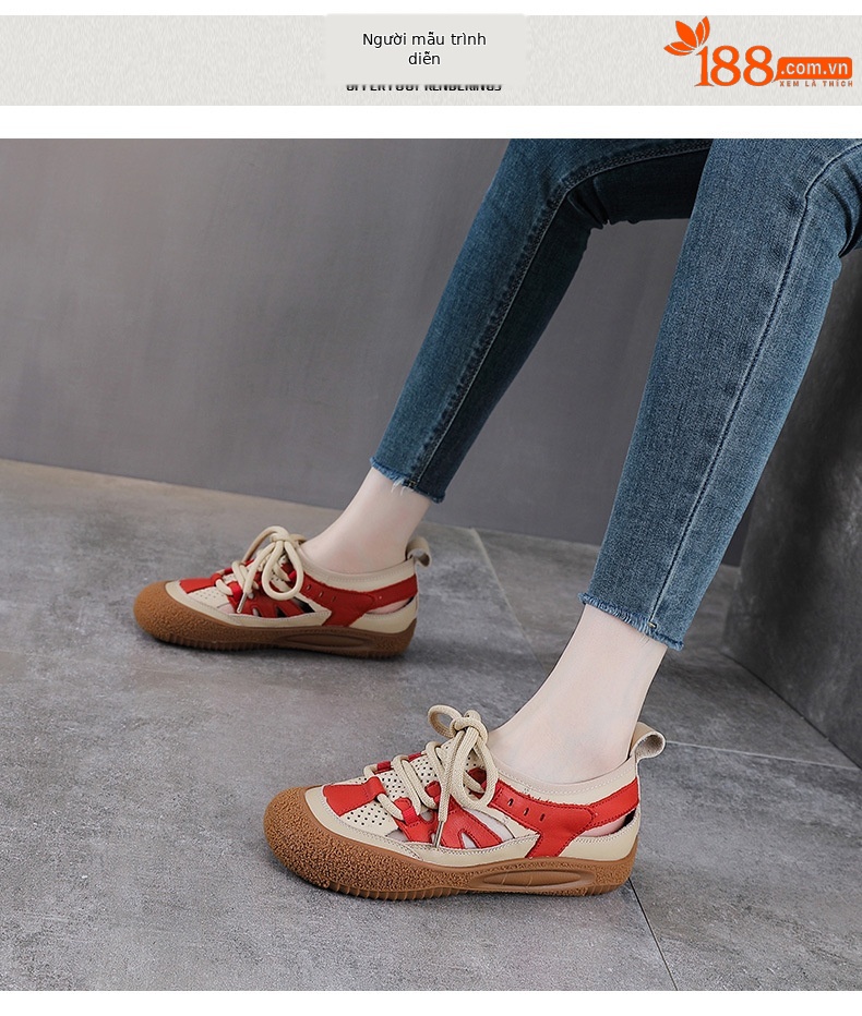 Sandal nữ da bò thật đục lỗ phong cách cổ điển buộc dây — màu vàng chi tiết 9