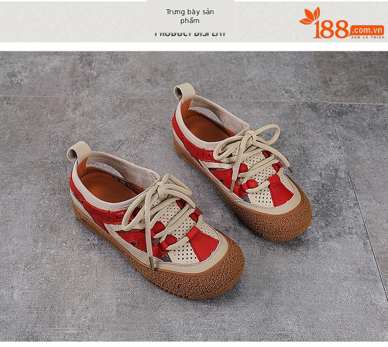 Sandal nữ da bò thật đục lỗ phong cách cổ điển buộc dây — màu vàng chi tiết 10