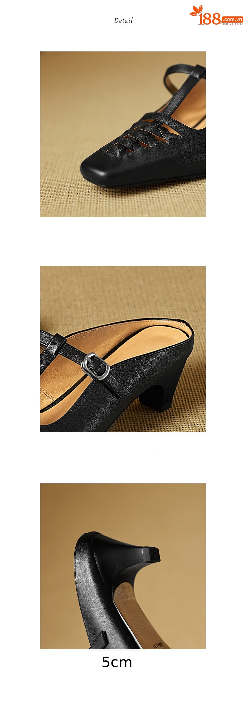 Sandal nữ gót thô 5 cm mũi vuông kiểu dệt vintage, quai chữ T bọc đầu — đen chi tiết 12