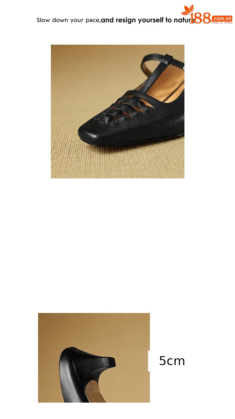 Sandal nữ gót thô 5 cm mũi vuông kiểu dệt vintage, quai chữ T bọc đầu — đen chi tiết 2