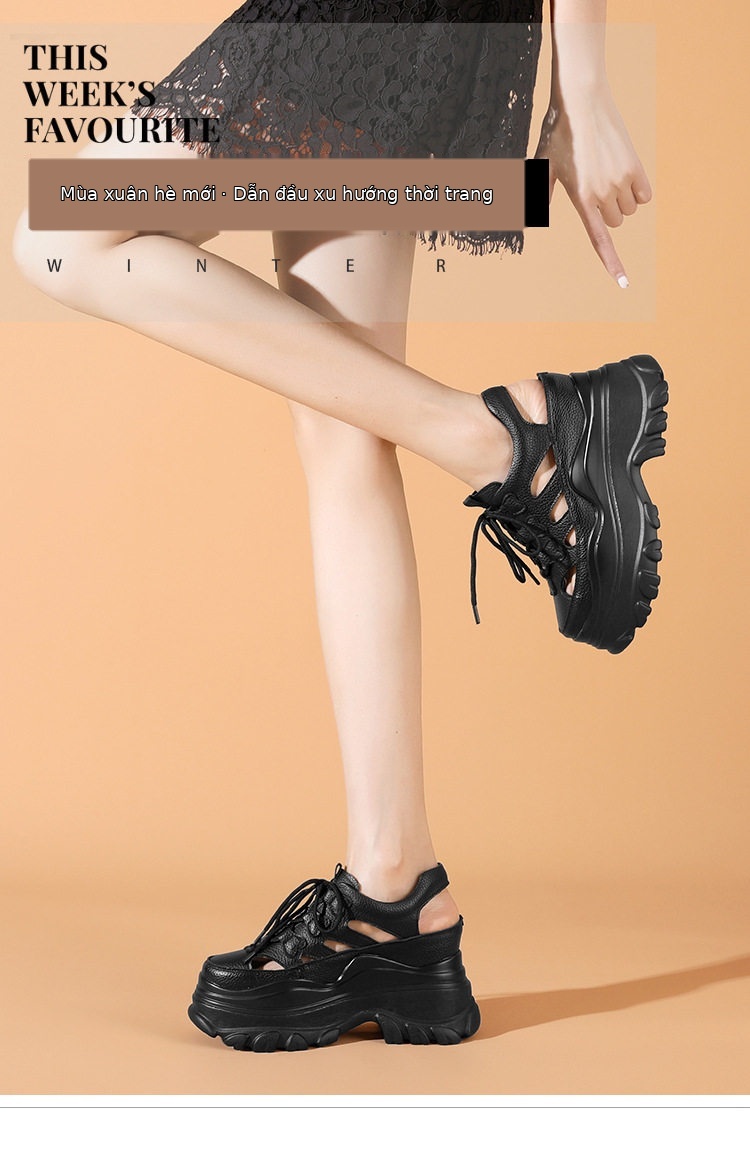 Sandal thể thao hở mũi da bò đế dày 6 cm, gót siêu cao, phong cách La Mã — [Trắng], [Xanh lá], [Đen] chi tiết 1