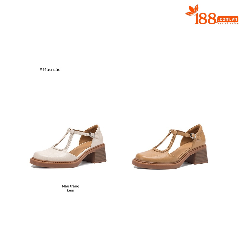 Sandal cao gót nữ mũi vuông quai chữ T đế dày — màu trắng ngà chi tiết 4