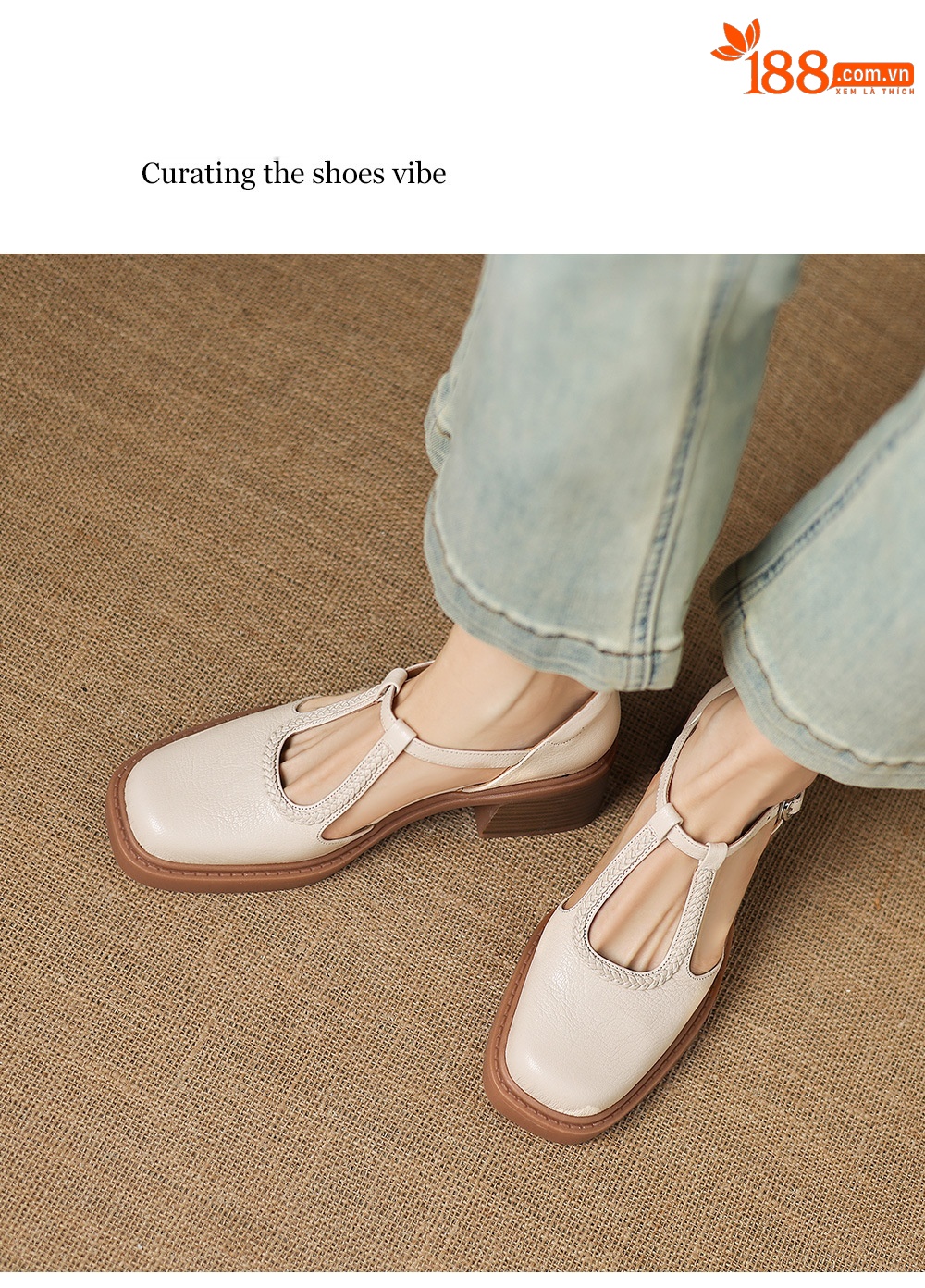 Sandal cao gót nữ mũi vuông quai chữ T đế dày — màu trắng ngà chi tiết 6