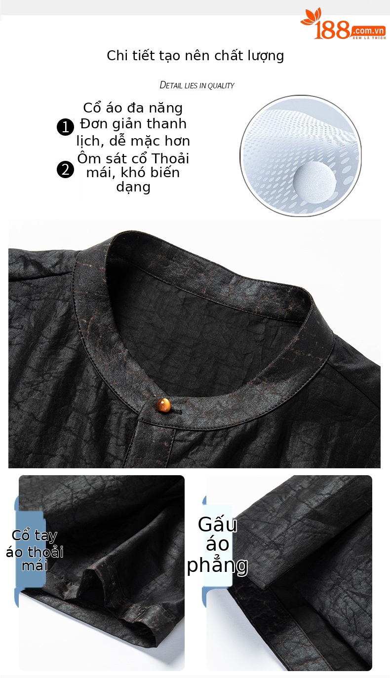 Áo sơ mi nam ngắn tay lụa đứng cổ phong cách Trung Hoa — Da đen 26229 chi tiết 6