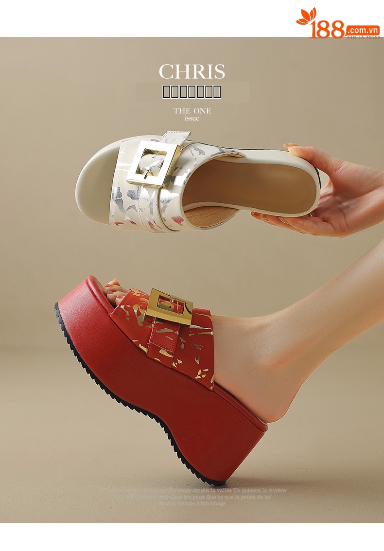Dép quai ngang nữ đế xuồng cao gót 5 cm, phong cách thể thao mùa hè — màu trắng, màu đỏ chi tiết 4