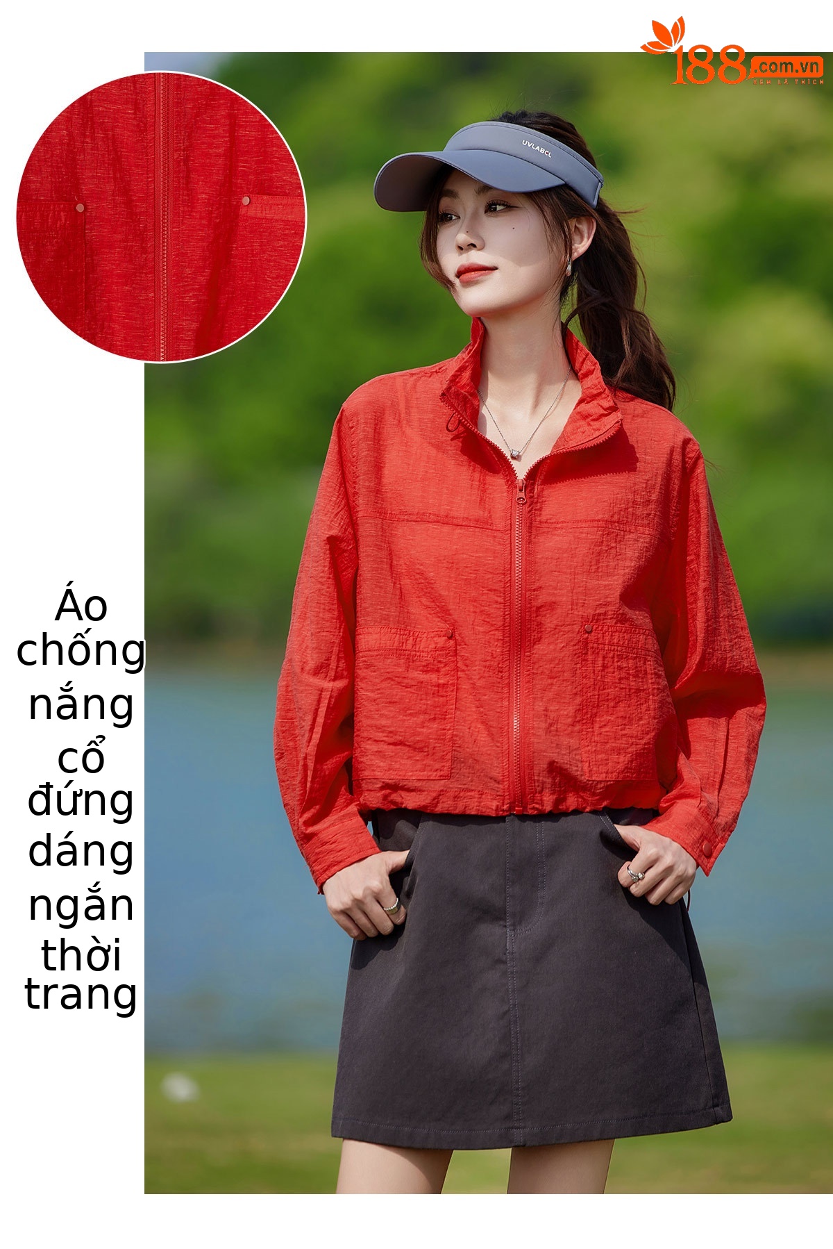 Áo chống nắng nữ cổ đứng dây rút tay dài 2026 mỏng nhẹ form rộng — màu vàng, màu đỏ chi tiết 3