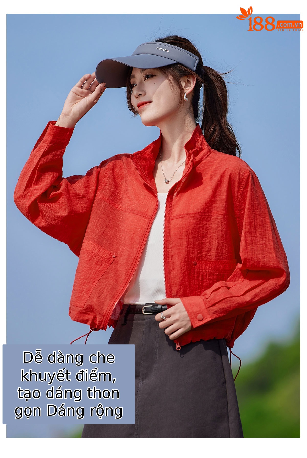 Áo chống nắng nữ cổ đứng dây rút tay dài 2026 mỏng nhẹ form rộng — màu vàng, màu đỏ chi tiết 4